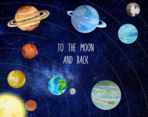 Watercolor solar syatem planets on dark background. Sun, Mercury, Venus, Earth, Mars, Jupiter, Saturn, Uranus, Neptune © Берилло Евгения