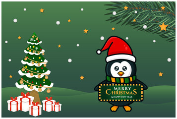 merry christmas and happy new year greeting, banner template with penguin