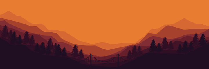sunset mountain forest vector illustration for web banner, blog banner, wallpaper, background template, adventure design, tourism poster design, backdrop design