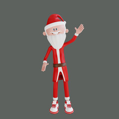 3d rendering santa claus character waving pose with grey background