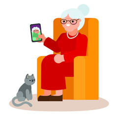 Happy old happy woman with phone talking to a friend over video, vector illustration. 