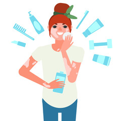 Woman with vitiligo has a morning routine, vector illustration. 