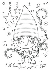 Cartoon page for coloring book with a dwarf holding a garland, hand-drawn vector illustration.