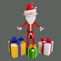 3d rendering santa claus character collect gift with grey background