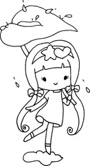 vector cartoon long hair girl with leaf in the rain 