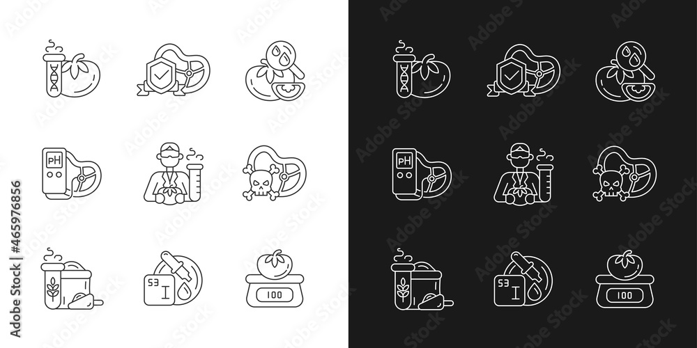 Poster organic products testing linear icons set for dark and light mode. physical analysis. molecular comp
