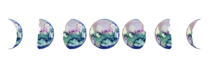 Watercolor moon in all its phases. New Moon, First Quarter, Third Quarter, Full Moon, Crescent phases © Берилло Евгения
