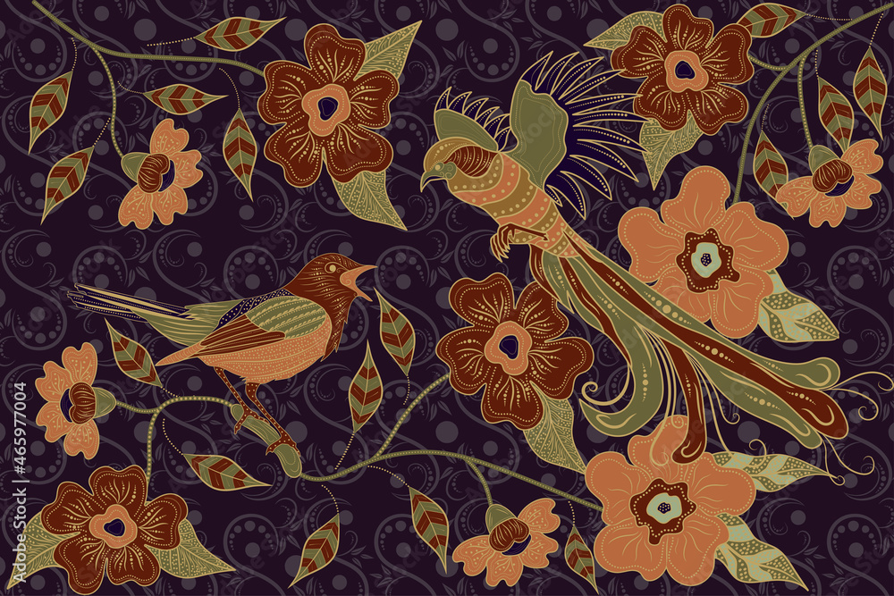 Wall mural hand drawn batik traditional floral beautiful concept for textile fabric.