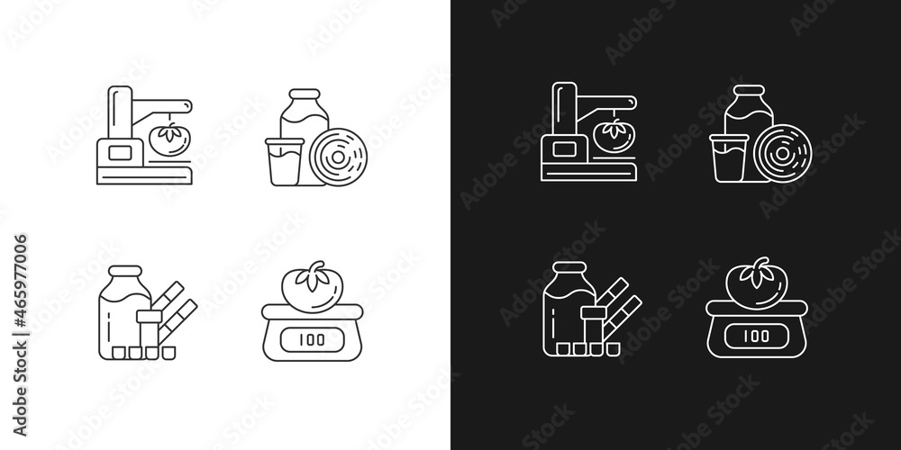 Poster food physical property test linear icons set for dark and light mode. weighing and measuring. physic
