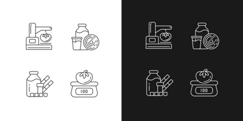 Food physical property test linear icons set for dark and light mode. Weighing and measuring. Physical analysis. Customizable thin line symbols. Isolated vector outline illustrations. Editable stroke