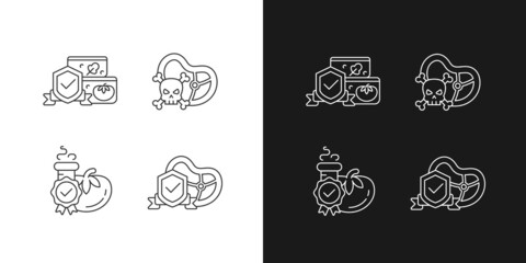 Food production certification linear icons set for dark and light mode. Food safety. Manufacture hygiene. Customizable thin line symbols. Isolated vector outline illustrations. Editable stroke