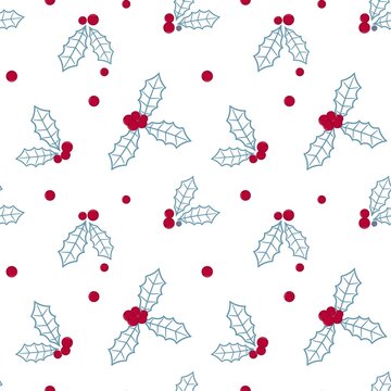 Holly red berries and leaves, seamless christmas pattern. Background with traditional botanical festive elements. Template for wrapping gifts, paper, fabric and wallpaper.