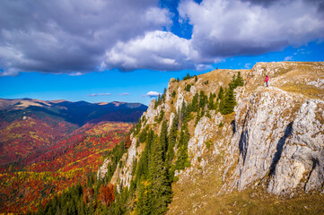 Autumn in Buila Vanturarita National Park, Carpathian Mountains, Romania. Vivid fall colors in forest. Colorful Autumn Leaves. Green, yellow, orange, red.