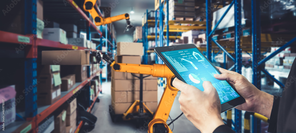 Poster smart robot arm systems for innovative warehouse and factory digital technology . automation manufac