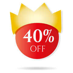 Special offer, discount, sale 40% off in the crown. The king of discounts. Advertising materials for the store, price reduction. Gold crown on red ball