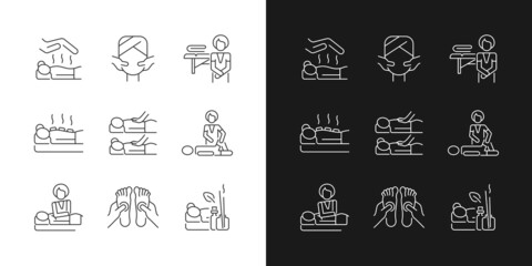 Spa treatments linear icons set for dark and light mode. Reiki session. Face massage. Hot stone therapy. Customizable thin line symbols. Isolated vector outline illustrations. Editable stroke