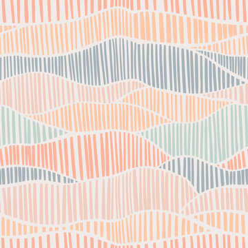 Aesthetic minimalist boho seamless pattern with hand drawn dashes in mid century style in a natural color palette. Pastel naive nursery print design on a light background. Trendy kids backdrop.