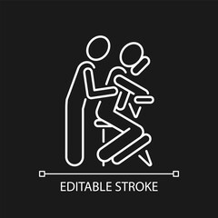 Chair massage white linear icon for dark theme. Performing treatment in seated position. Thin line customizable illustration. Isolated vector contour symbol for night mode. Editable stroke