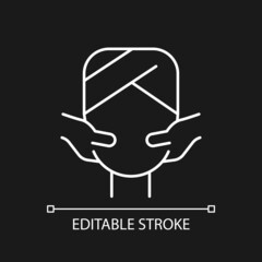 Face massage white linear icon for dark theme. Stimulating pressure points. Promoting blood flow. Thin line customizable illustration. Isolated vector contour symbol for night mode. Editable stroke