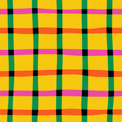Naive seamless vibrant checkered pattern in doodle style on a yellow background. Bright minimalistic Contemporary graphic bauhaus design in vibrant rainbow colours. Abstract trendy gingham plaid.