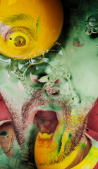Graphic art with scary man face bathing in surreal amniotic fluid with egg yolk and bubbles, dreamlike delirium, nightmare,  weird gaze and hallucination