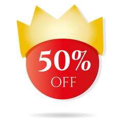 Special offer, discount, sale 50% off in the crown. The king of discounts. Advertising materials for the store, price reduction. Gold crown on red ball