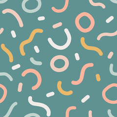 Naives, nahtloses Boho-Muster mit verrückten bunten Doodle-Linien auf dunkelgrünem Hintergrund. Kreatives, minimalistisches, trendiges Hintergrunddesign für Kinder. Einfache kindliche Kritzelkulisse.