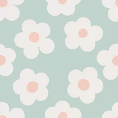 Naive seamless floral boho pattern with white daisies on a light green background in doodle style. Сute contemporary minimalistic trendy boho background design for kids. Scandinavian nursery print © AutumnStudio