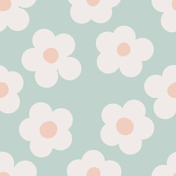 Naive seamless floral boho pattern with white daisies on a light green background in doodle style. Сute contemporary minimalistic trendy boho background design for kids. Scandinavian nursery print