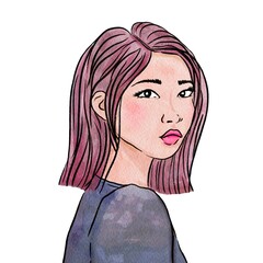 Portrait of a beautiful young woman with pink hair on a white background. Watercolor illustration of a woman portrait for your design.