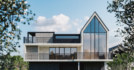 Modern design home with high ceilings and large windows - 3d render