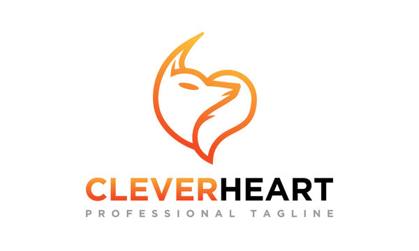 Clever Heart Minimalist Fox Love Logo Design Vector Icon Symbol Illustrations.