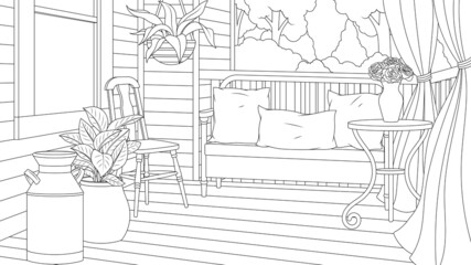 Vector illustration, cozy porch of a village house, recreation area,