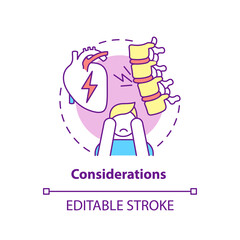 Considerations concept icon. Pulmonary rehabilitation abstract idea thin line illustration. Treatment difficulties awareness. Vector isolated outline color drawing. Editable stroke