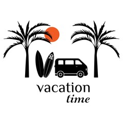 Vector illustration. Vacation time text. Tattoo template, sketch with travel bus, surfboard and palm trees. Beach label