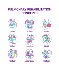 Pulmonary rehabilitation concept icons set. Respiratory diseases treatment idea thin line color illustrations. Recovery therapy. Breathing exercise. Vector isolated outline drawings. Editable stroke - obrazy, fototapety, plakaty