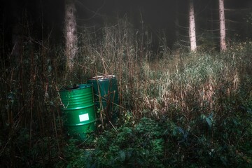 Zwei grüne Fässer abgestellt in einem Wald