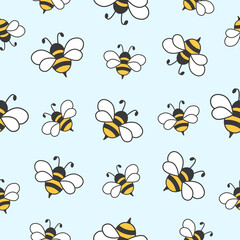 Seamless pattern of flying bees. Cute bumblebee insect blue texture. Vector illustration