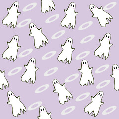 Ghost free line drawing, white Halloween little ghost, oval arrangement on pastel purple background.