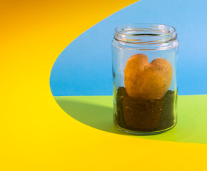 heart-shaped potatoes in a jar on a yellow, blue and green background