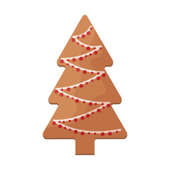 Cute gingerbread decorated with icing Christmas gingerbread in the shape of a Christmas tree. Festive pastries, pine. Christmas cookies in the shape of a fir tree. Isolated vector illustration