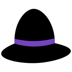 Hat. Silhouette. A rounded hat with a round brim. Vector illustration. The fabulous headdress is decorated with a purple ribbon. Isolated white background. Decoration for All Saints Day. 