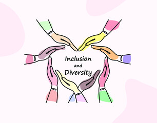 Inclusion and diversity concept. Multiracial hands form a heart. Inclusive illustration for web, print, t-shirt, textiles, background, postcard. One line abstract illustration