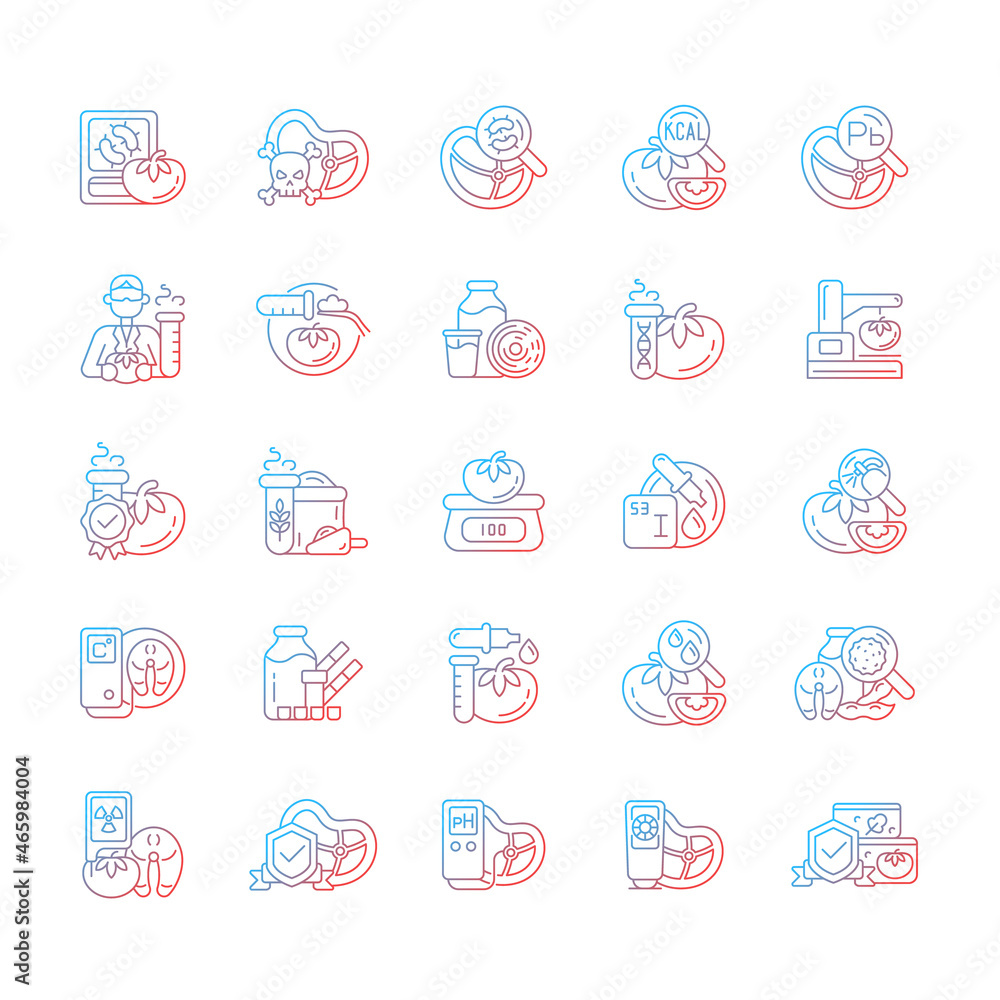 Poster food testing gradient linear vector icons set. examination methods. nutrition scientific analysis. l