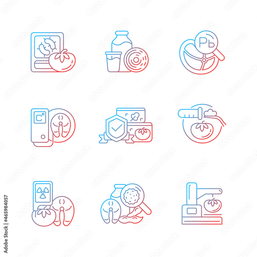Poster food analysis gradient linear vector icons set. biological and chemical danger detection. varied exa