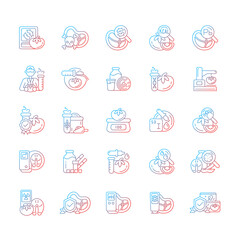Food testing gradient linear vector icons set. Examination methods. Nutrition scientific analysis. Laboratory research. Thin line contour symbols bundle. Isolated outline illustrations collection
