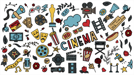 Cinema, TV Shows, Series and Movies Funny Doodle Vector set. Hand drawn colorful illustration. Set for podcast, awards and radio. Background