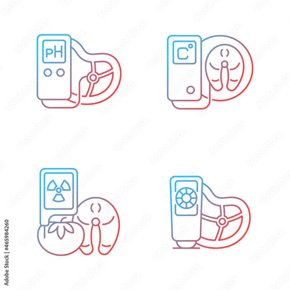 Poster food testing equipment gradient linear vector icons set. scientific technology for product analysis.