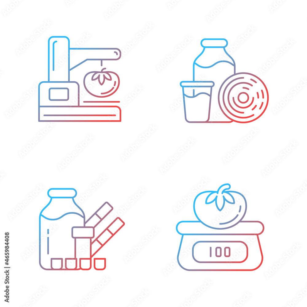 Poster food physical property test gradient linear vector icons set. visual appearance evaluation. weighing
