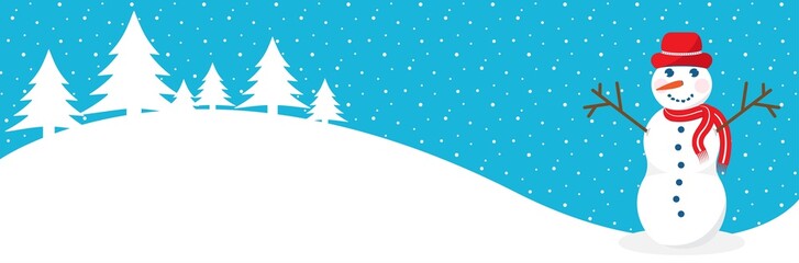Obraz premium Chrismas banner design with snowman, landscape, pine tree illustration. Winter holidays concept card design to use for merry christmas greetings, winter advertising, card with snowman.